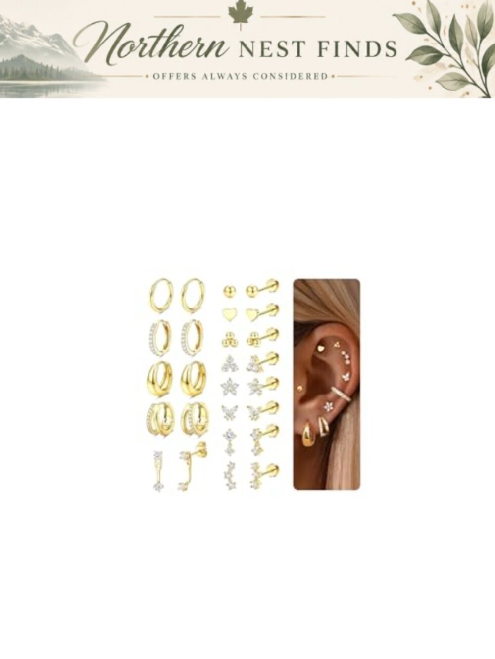 13 Pairs Flat Back Earrings 14K Gold Plated Surgical Steel Hypoallergenic Stud